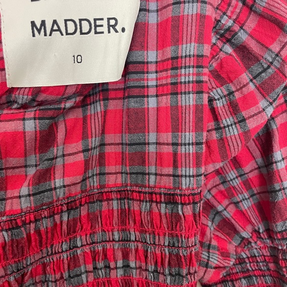 Damson Madder Alice Red Plaid Shirred Midi Dress Drop Waist Velvet Trim Sz 6 - Picture 9 of 11